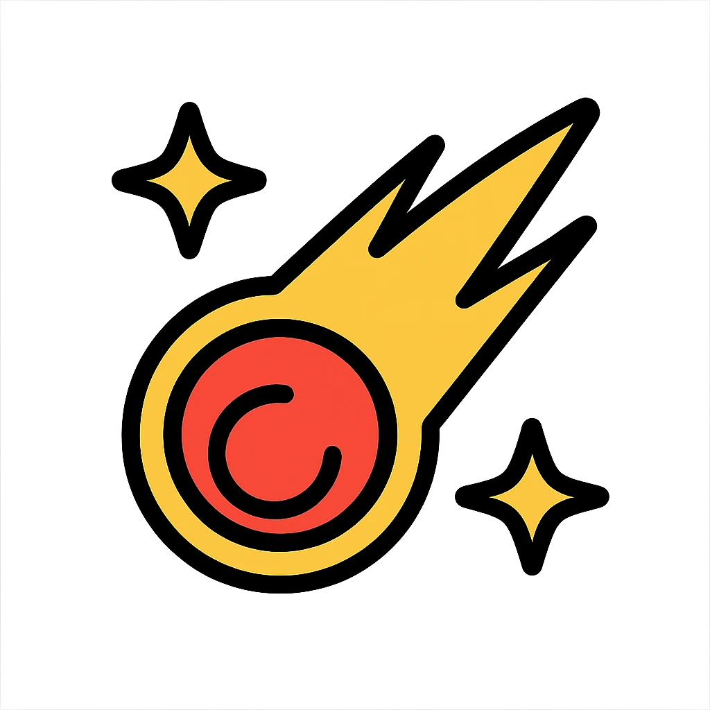Brawl Stars pin with a meteor streaking down, surrounded by sparkles, bold outlines, vibrant colors emoji