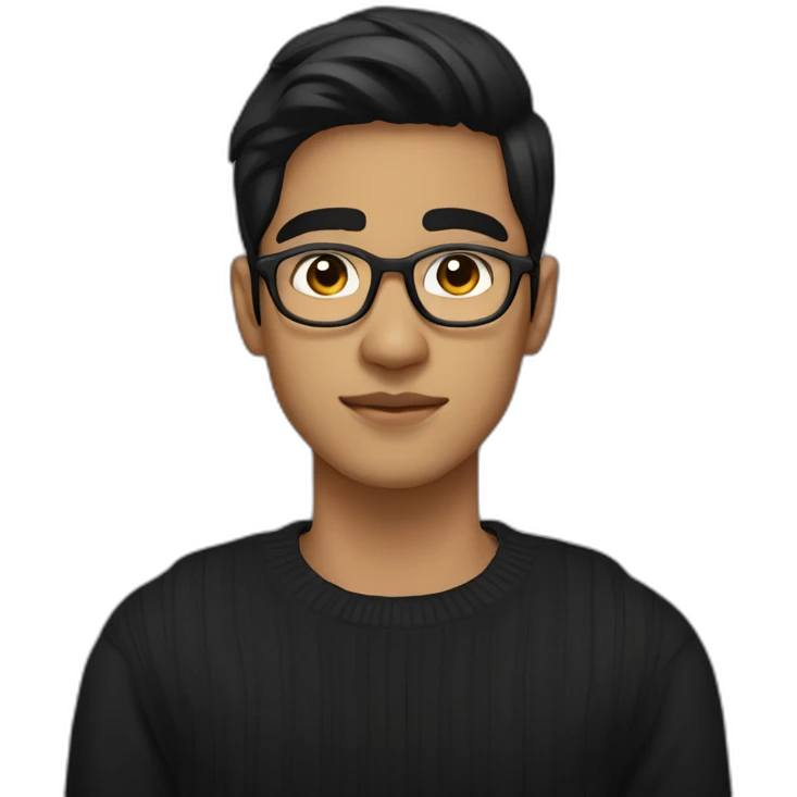a light skin Pakistani teenager, wearing round glasses, short moustache, black straight hair, black jumper/sweater, structured manly face emoji