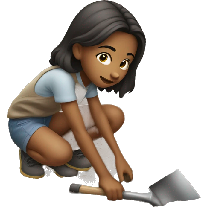 young girl kneeling in the dirt with a shovel in hand emoji