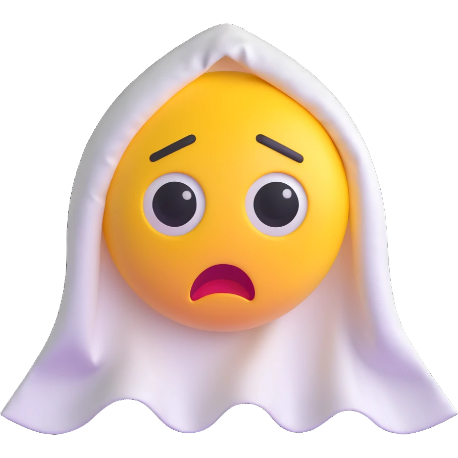 yellow emoji dressed as a ghost with exaggerated scared expression, white sheet with eye holes emoji
