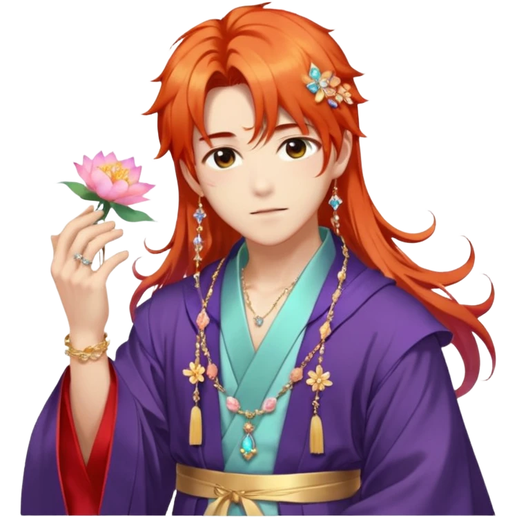 Beautiful gorgeous blushing Korean-Japanese-youthful elegant handsome anime guy with beautiful fiery-special-medium-long-hair, fashion aesthetic, ethereal, fairycore, pastelcore, flower petals, crystals, layered robes, accessories, jewelries, gold, colorful, shiny, trending style, outside emoji