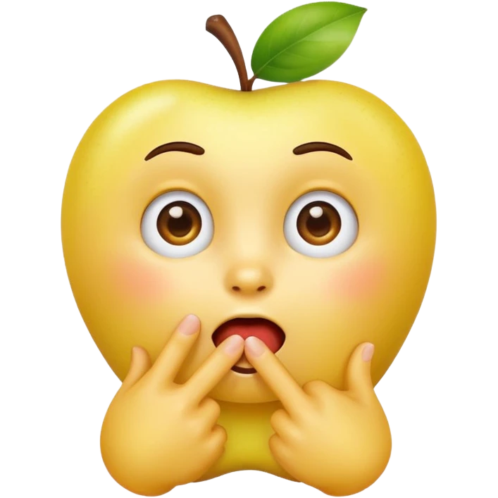 yellow apple style emoji with surprised expression saying 'me?', finger on chest, very direct pose, clean white background emoji