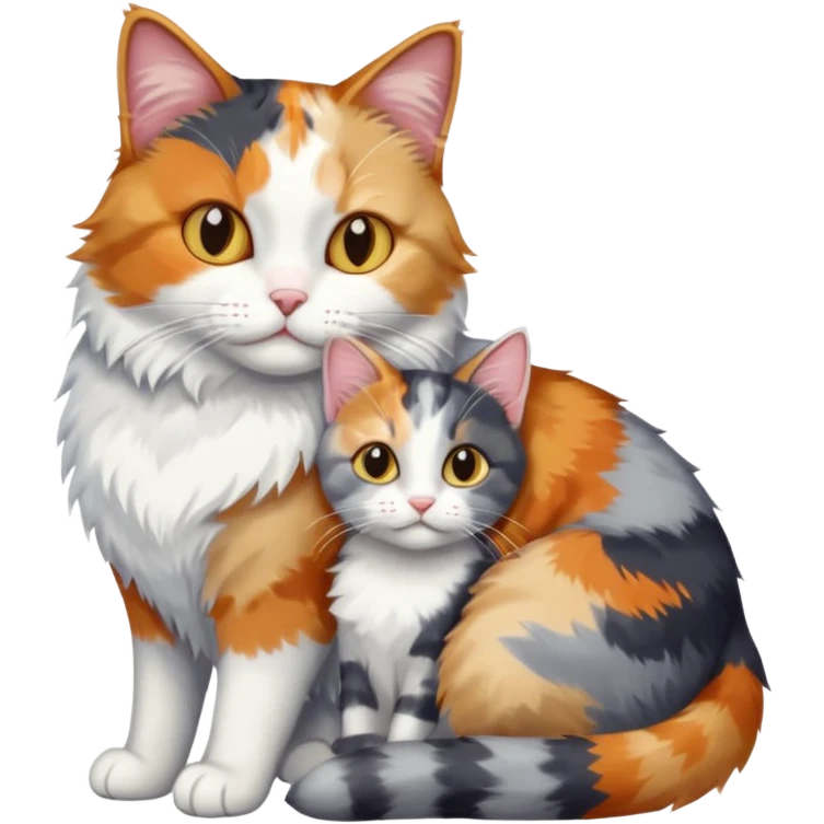 full body colourful light patched calico + white tabby cat cuddling a grey and white cat  emoji