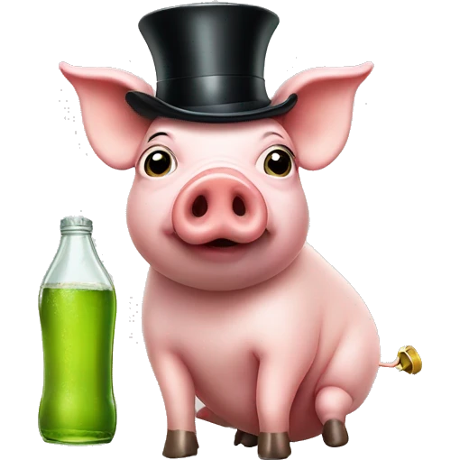 A pig with a top hat and a monocle drinking a bottle that says apple juice emoji