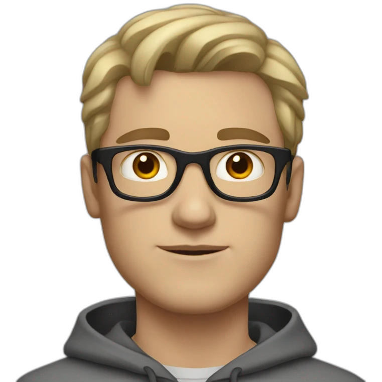 White man with black tinted glasses and black hair in a gray hoodie emoji