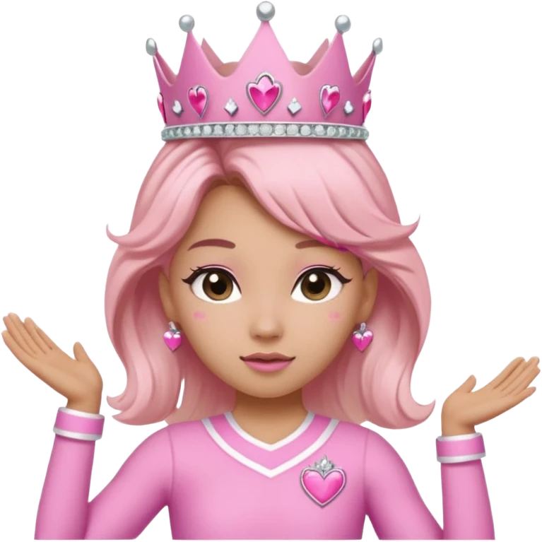 make a cheerleader wearing pink, leaving to the side and tilting head away from her right hand which is against the side of her head facing up forming part of a crown and have her other hand on her hip. then make her hair flipping in a high pony with a pink bow that has hearts made out of rimestones emoji