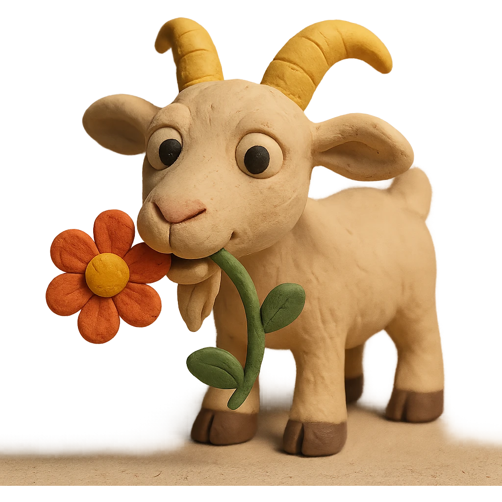 goat chewing on a flower, cute and whimsical, matte finish, claymation style emoji