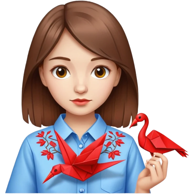 Ukrainian young girl with brown hair wearing an embroidered shirt holds an origami red crane emoji