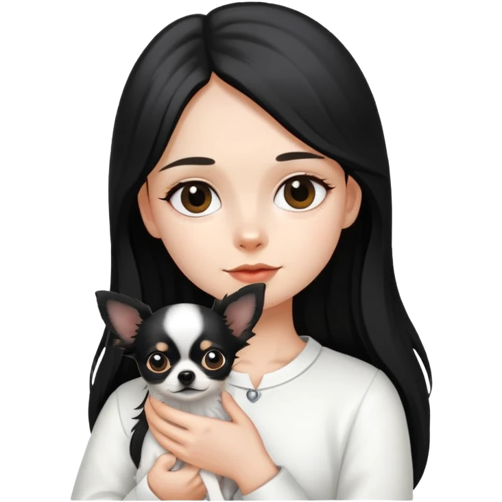 A girl with fair skin, wearing white clothes, holding a black long-haired Chihuahua emoji