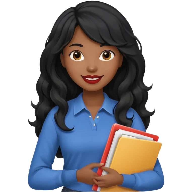 A young woman with long black hair, a wavy frange falling on half of her head. There's a long wavy stretch of hair falling on the side of her head. She's black, medium to dark skinned with thick lips. She's holding folders, and she's a CEO, but she's wearing casual clothes. emoji