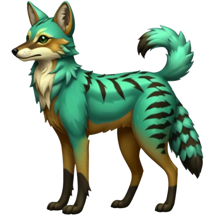 Shiny Green Colorful Dusky Dark Gloomy Glossy Maned-Wolf-Genet-Bobcat-fusion-animal-hybrid-creature, full body emoji