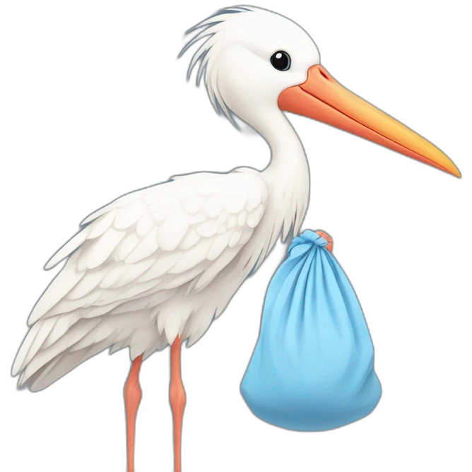 White stork carrying a blue bundle of cloth in its beak that has a human baby with and the human baby head is peeking from the fabric bundle the strok is carrying with its beak emoji