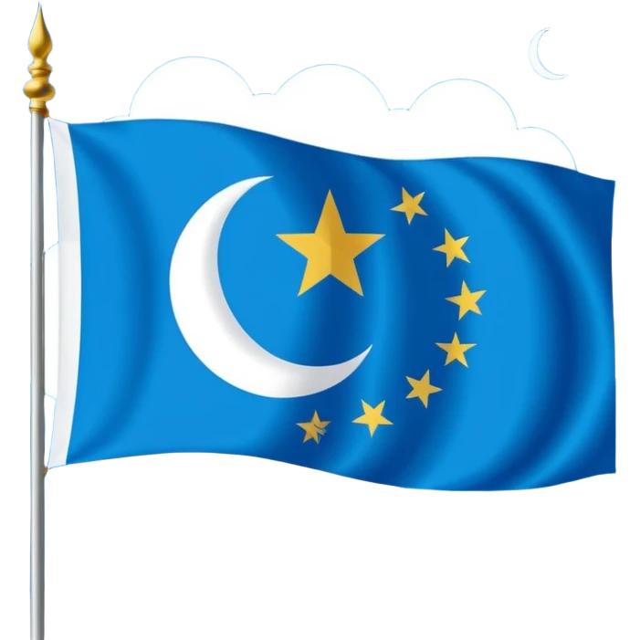 East Turkistan flag, bright sky-blue background, white crescent moon and five-pointed star in top-left corner, flat vector style, simple and clear design. emoji