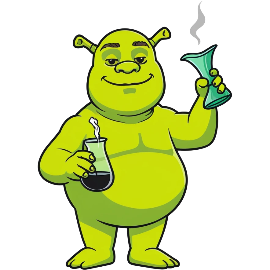 Shrek drinking from a smoking vase, hemp leaves in background emoji