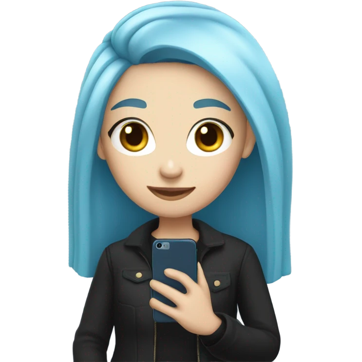 white skin girl with long blue hair in black clothes holding a phone emoji