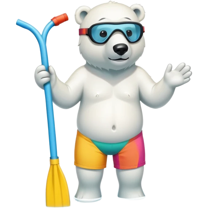 friendly anthropomorphised polar bear standing in a small puddle, wearing colorful board shorts, scuba mask over eyes, snorkel tube attached emoji