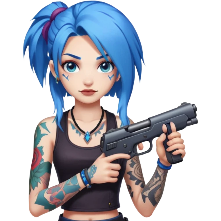 Jinx from League of Legends with blue hair and tattoos, holding guns emoji