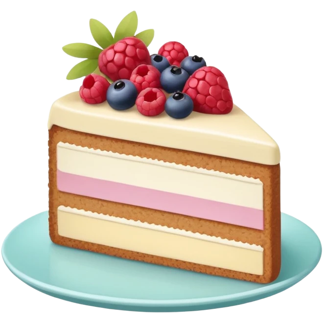 Confectionery humanless avatar in bright emoji-style illustration. Cake slice with cream and berries, pastel colors, simple shapes, flat design, sweet and inviting. emoji