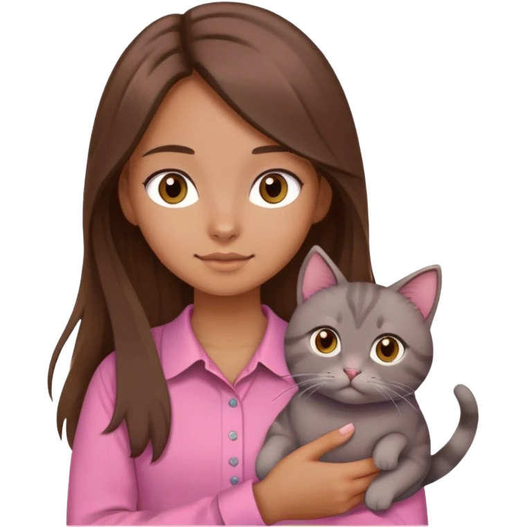 girl with long brown hair and brown eyes wearing a pink shirt holding a gray cat emoji