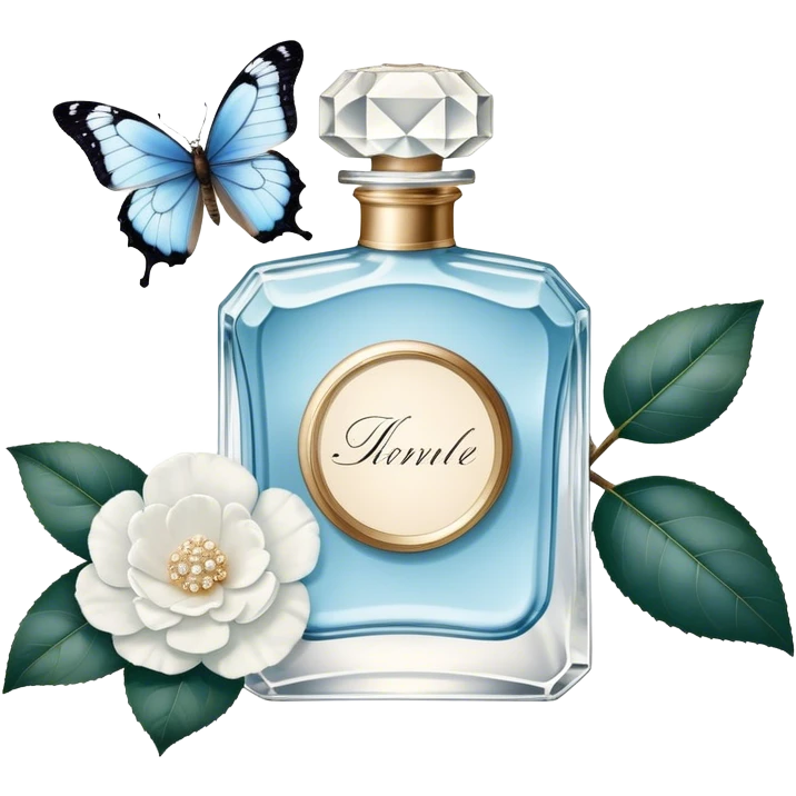 A nostalgic composition of an antique perfume bottle with a crystal stopper, an old love letter, and a single pale blue butterfly resting atop a white camellia.
 emoji