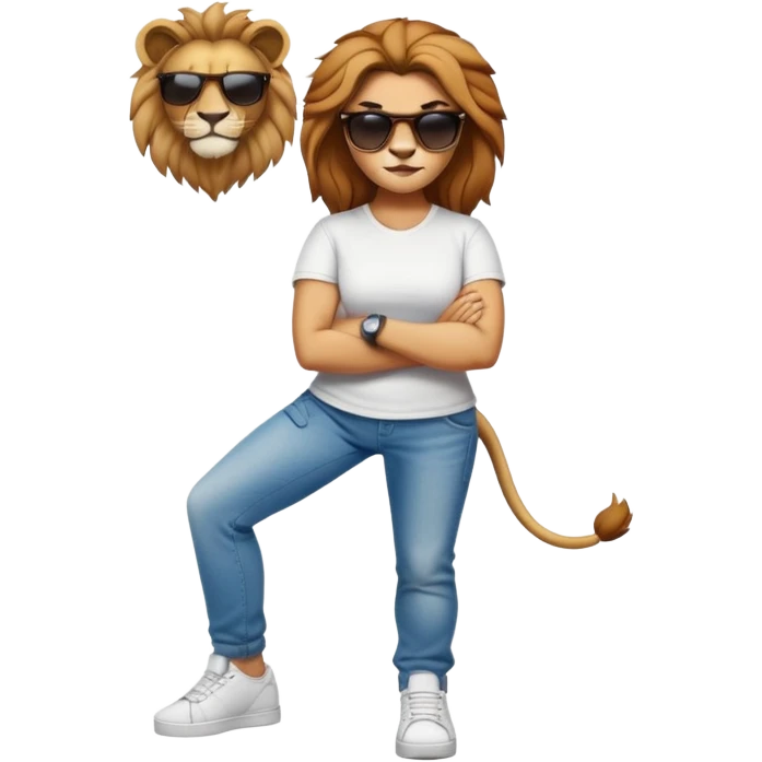 female lion character, full body, standing with arms crossed, wearing jeans, white t-shirt, trainers, dark sunglasses, strong and determined look emoji