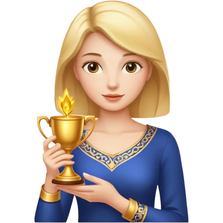 A woman holds a golden cup in her hands. There is a glow around the girl. emoji