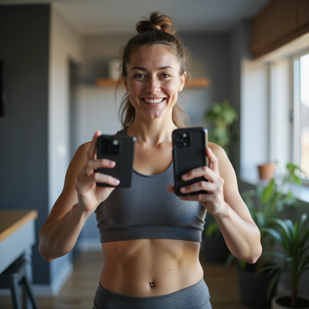 sporty woman in technical clothing, front pose with smile, recording video check for coach with smartphone, modern and tidy home environment, hyperrealistic details, 4K emoji