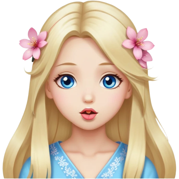 Girl with long blond hair and sakura accessories on her hair have blue eyes beautiful finish and she sending lovely kisses  emoji