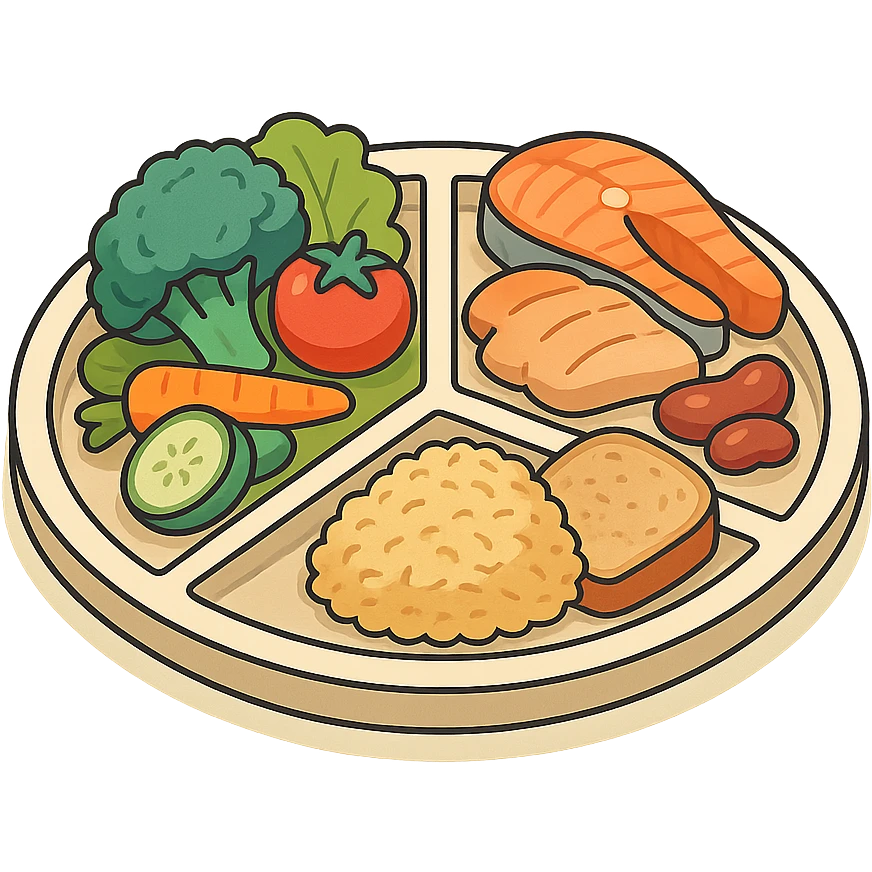 Harvard plate, isometric view, large sectors: 50% vegetables, 25% proteins, 25% complex carbohydrates, foods drawn realistically, very detailed drawing, shadows and highlights, clean contours, soft lighting, transparent background emoji
