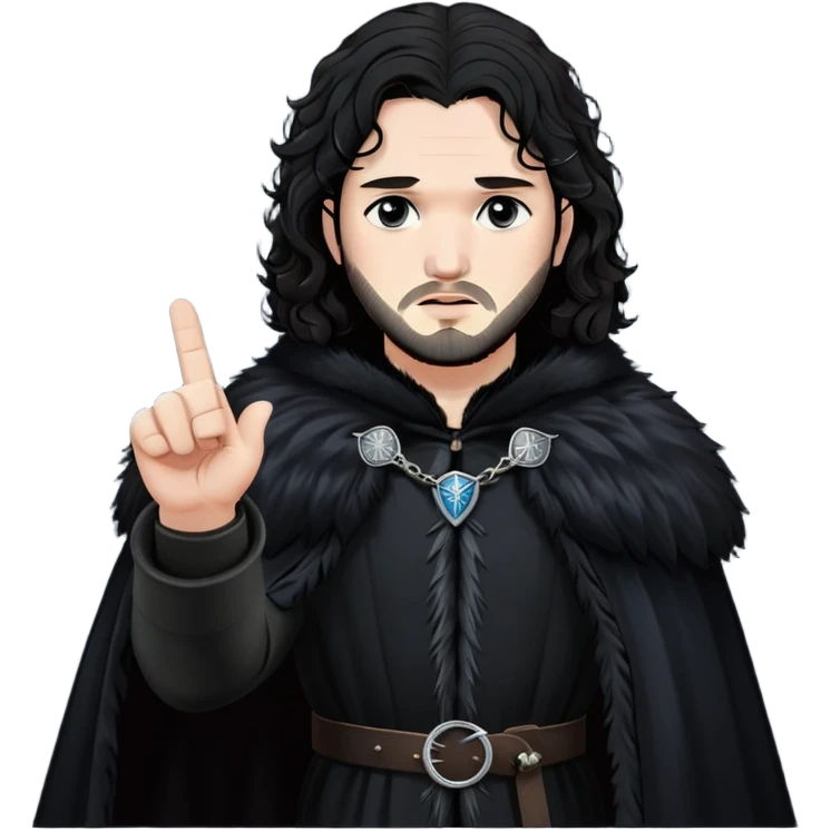 Jon Snow from Game of Thrones, dressed in black fur cloak, with long curly hair and a serious expression, raising his middle finger. emoji