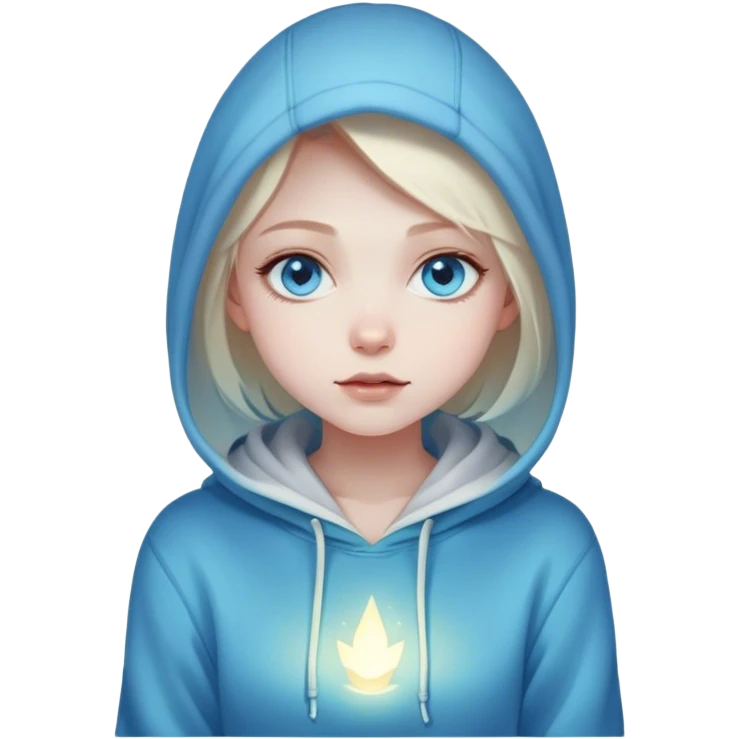 Cinematic girl with large sparkling blue eyes wearing a hoodie sitting, Ultra realistic 32k HD, hauntingly beautiful, Balanced features, highly detailed, glowing, high shine, enchanting, ghostly, dreamy glow, complex pose. The image is so lifelike it could leap off the canvas at any moment emoji