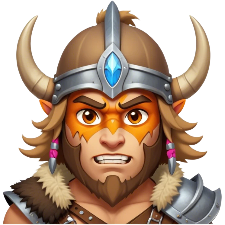 Clash of Clans aesthetic: Cinematic Fierce Barbarian Portrait Emoji, Poised and bold with a rugged yet cartoonish build in tattered furs and a horned helmet, his exposed skin a rich tan, expressive bright eyes and a confident smirk, Simplified yet dynamic features, highly detailed, glowing with a vivid, adventurous aura, high shine, heroic and spirited, stylized with an air of medieval warrior charm, focused and energetic, soft glowing outline, capturing the essence of a fearless barbarian adventurer ready to lead his clan with spirited valor! emoji