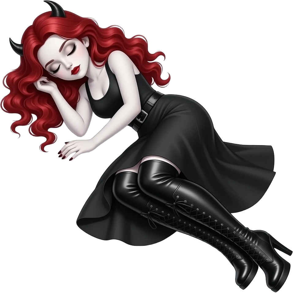 Vampiro adolescente femmina con pelle bianca e capelli rosso ondulati lunghi che indossa una gonna lunga nera e un top-canottiera nera e degli stivali lunghi neri con tacco e che sta dormendo con un leone emoji