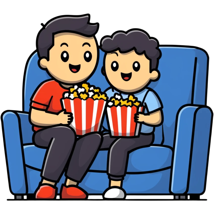 Person sitting comfortably on couch watching movie with popcorn in hand, excited expression emoji
