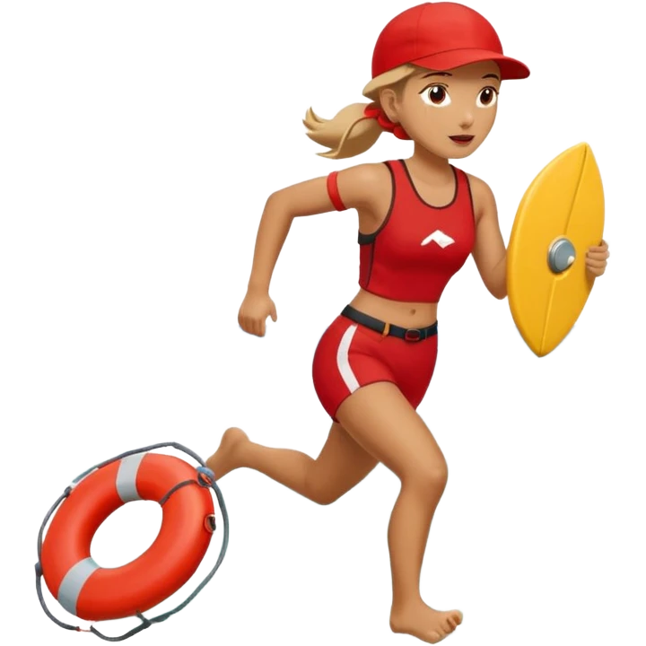 Female lifeguard – red cap, running along shore with rescue buoy emoji