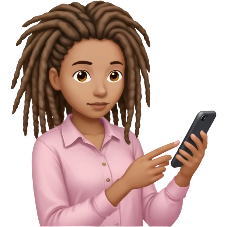 Medium brown woman with dreadlocks in Light pink shirt texting emoji