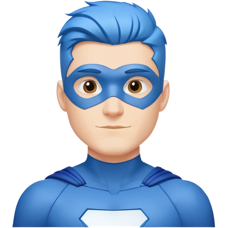 "Emoji of a friendly, clean-shaven man with blue hair, wearing a sleek blue and white superhero suit. The suit has a large blank area on the chest for a logo. Cheerful expression, minimalist style emoji