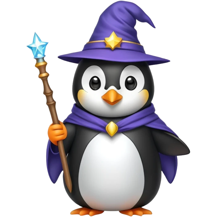 penguin wearing wizard hat and robe holding a magic wand emoji