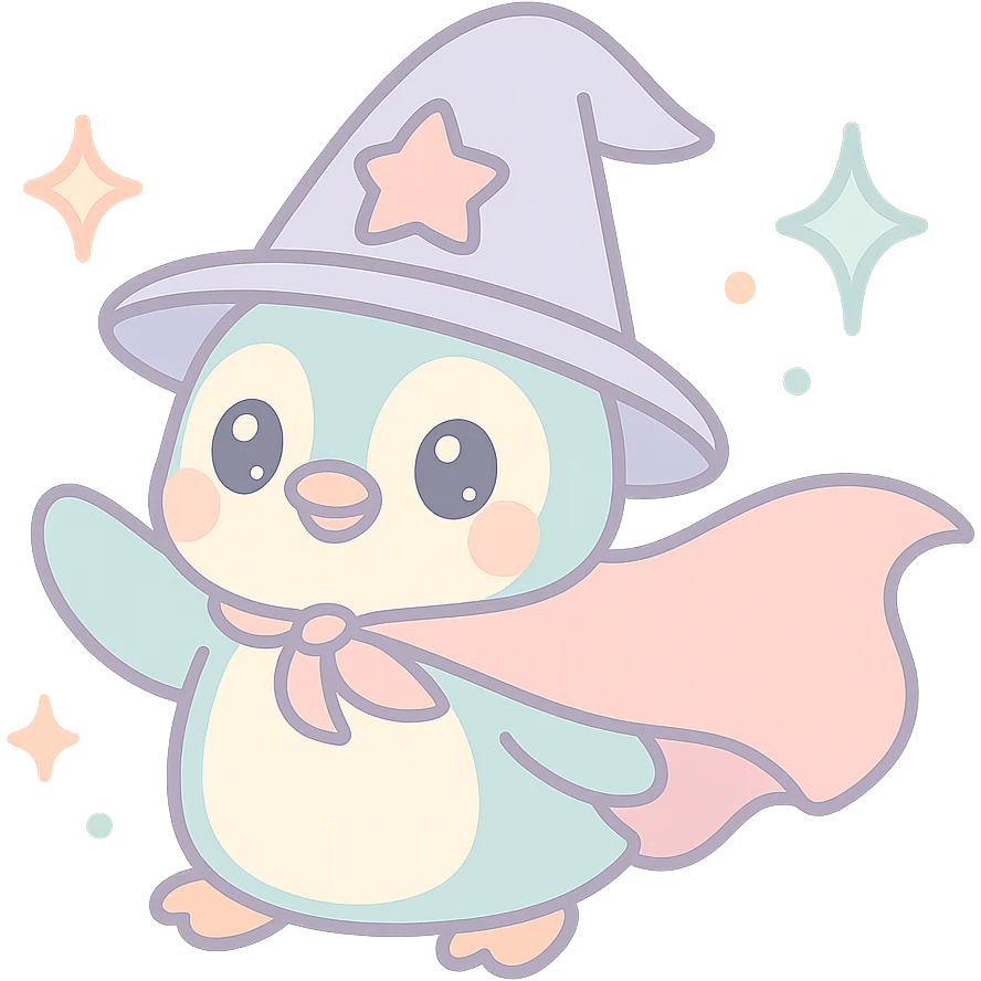 playful penguin wizard with a flowing cape surrounded by sparkles and magical effects emoji