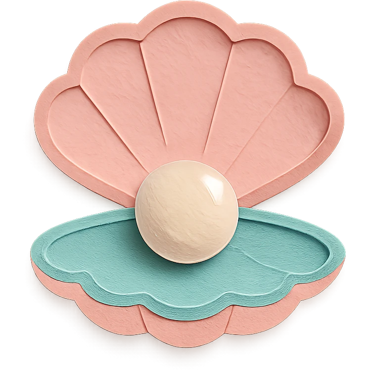 illustration of a clam shell open with a shiny pearl inside, soft pastel colors, paper-craft style emoji