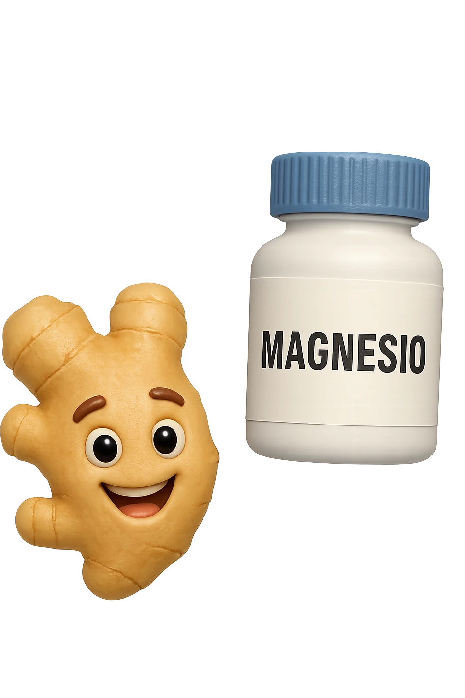 emoji stile iphone 3d di un pezzetto di zenzero e una boccetta di magnesio con la scritta "MAGNESIO" SULL'ETICHETTA CHE FLUTTUANO IN ARIA, iperrealistico 4k emoji