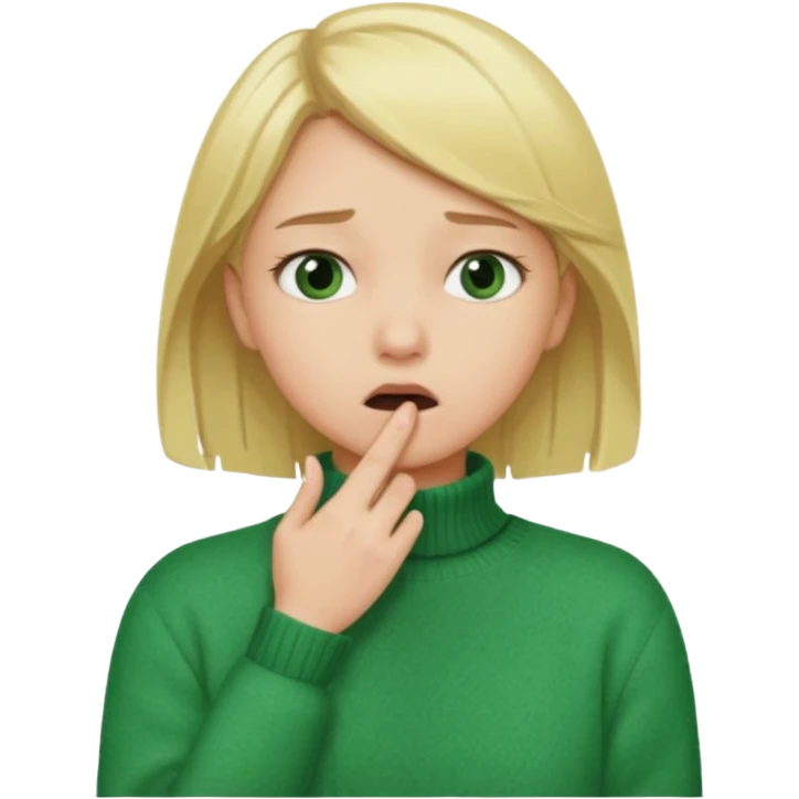 blonde girl has sore throat in green sweater with hand on throat emoji