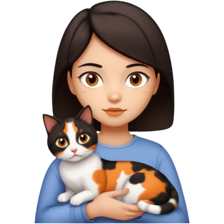 Girl with dark brown eyes and really dark brown short hair without bangs holding a 3 colored calico cat,(black, white and orange) emoji