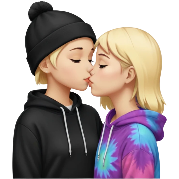 Short short haired white girl in a hoodie and a black beanie kissing a tall short long blonde haired girl wearing a black beanie and a tiedye hoodie emoji