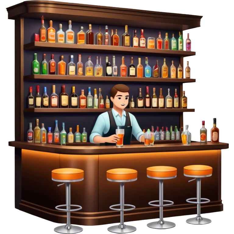 A stylish and modern bar with dim lighting, neon signs, and a well-stocked shelf of liquor bottles. Cozy seating, a bartender preparing drinks, and a lively atmosphere emoji