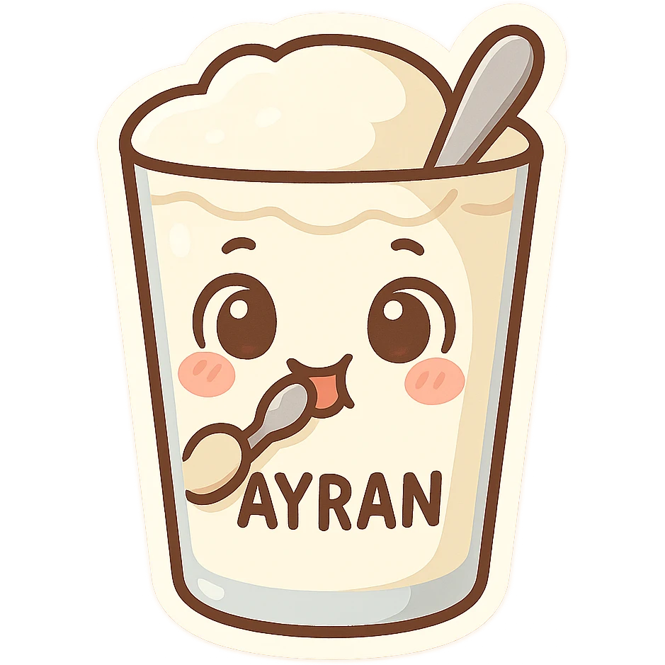 Ayran bardağı, ağzında kaşıkla yemek yiyormuş gibi, karikatürize edilmiş, cute chibi sticker style emoji