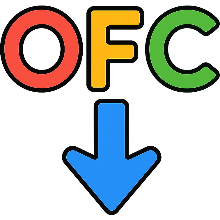 Letters OFC with a downward arrow underneath, using vibrant rainbow colors emoji