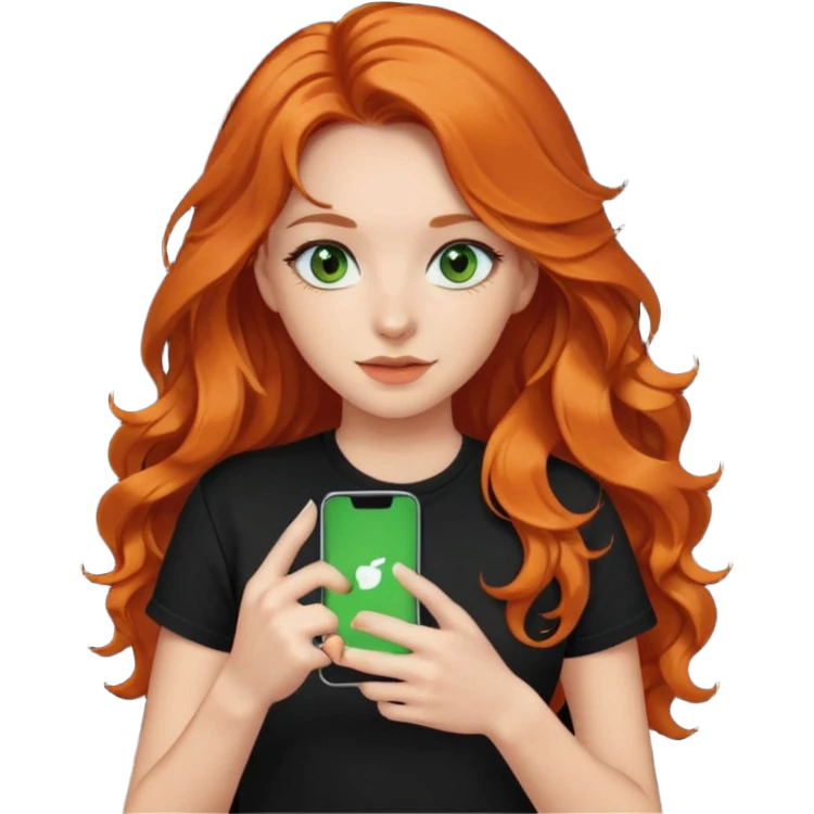 Girl with dark long orange wavy hair, green eyes, and black t-shirt with tiktok on hand emoji