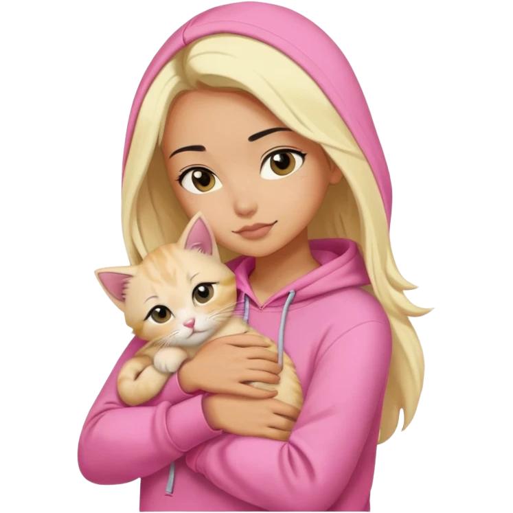 pretty woman wear pink hoodie and her hair is black..hugs a blonde kitten  emoji
