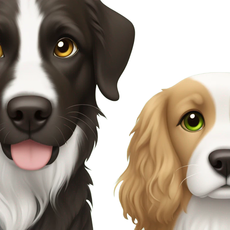 Girl with brown hair and green brown eyes next to a black golden retriever and épagneul breton black and White  emoji